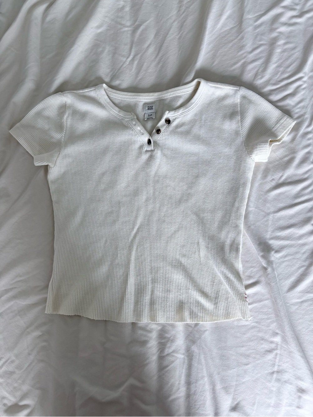 BDG White Ribbed Short Sleeve Henley Tee